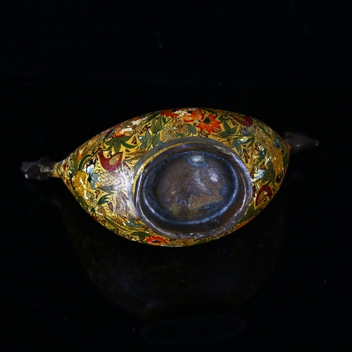 1164 - A Kashmir brass bowl with painted birds and flowers, early 20th century, length 15cm