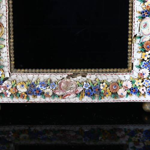 1168 - 19th century Italian micro-mosaic frame, with relief floral decorated surround and brass ball feet, ... 