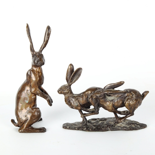 1171 - 2 contemporary bronze sculptures of hares, 1 indistinctly signed, largest height 15cm (2)