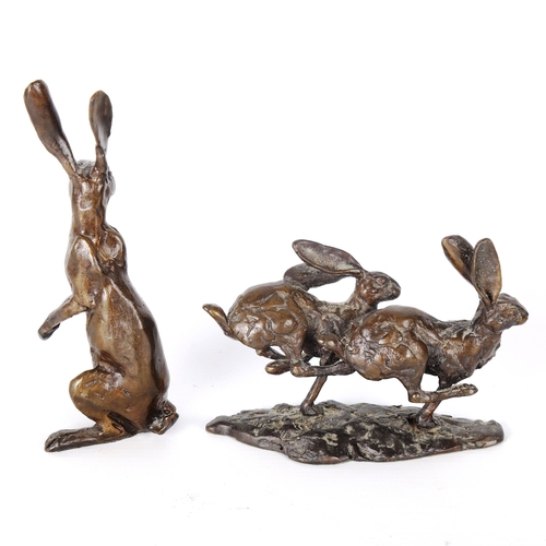 1171 - 2 contemporary bronze sculptures of hares, 1 indistinctly signed, largest height 15cm (2)