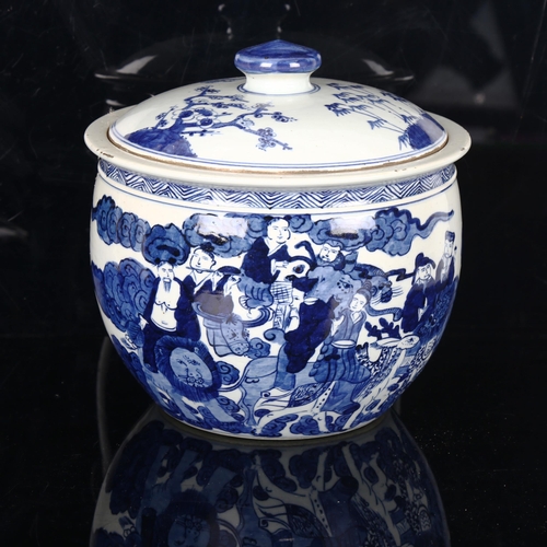 1173 - A Chinese blue and white bowl and cover, with hand painted figures, diameter 25cm, height 25cm