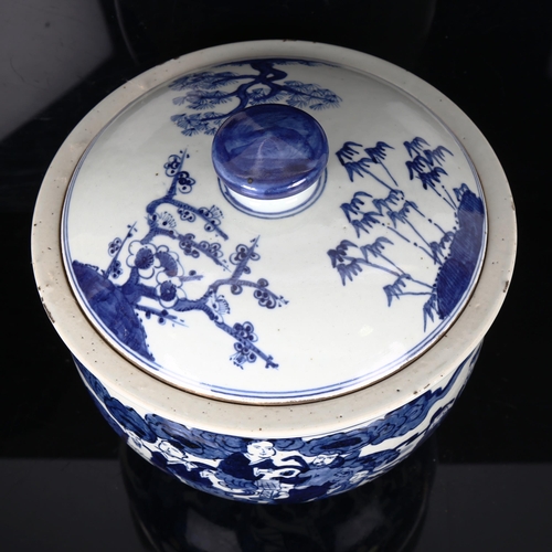 1173 - A Chinese blue and white bowl and cover, with hand painted figures, diameter 25cm, height 25cm