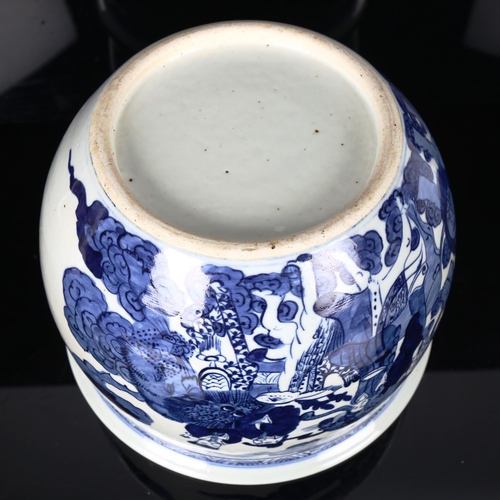 1173 - A Chinese blue and white bowl and cover, with hand painted figures, diameter 25cm, height 25cm