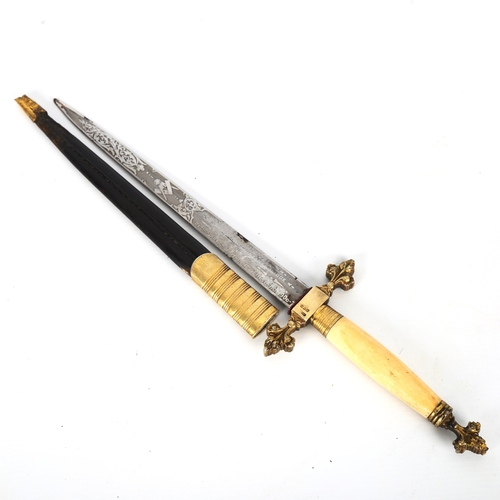 1183 - An Edwardian Masonic dagger with silver-gilt and ivory cross hilt, and original silver-mounted leath... 