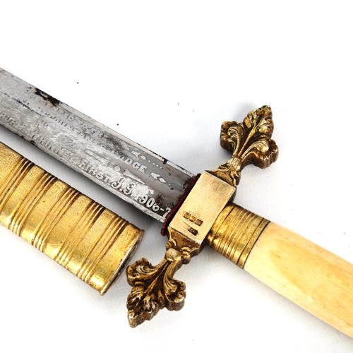 1183 - An Edwardian Masonic dagger with silver-gilt and ivory cross hilt, and original silver-mounted leath... 