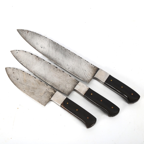 1188 - A graduated set of 3 Japanese hand forged knives with horn grips, largest length 35cm