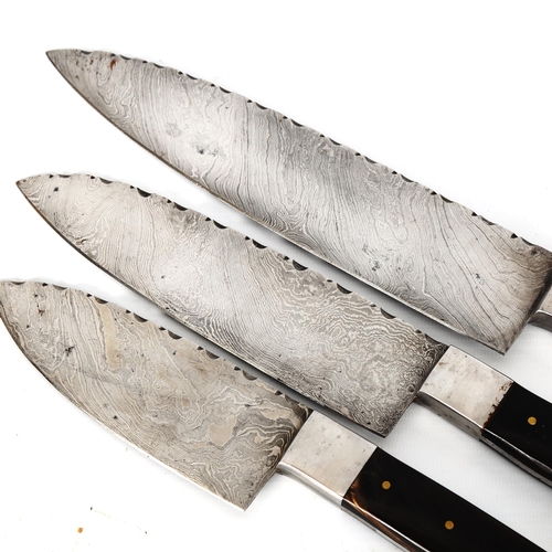 1188 - A graduated set of 3 Japanese hand forged knives with horn grips, largest length 35cm