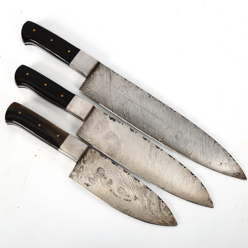 1188 - A graduated set of 3 Japanese hand forged knives with horn grips, largest length 35cm