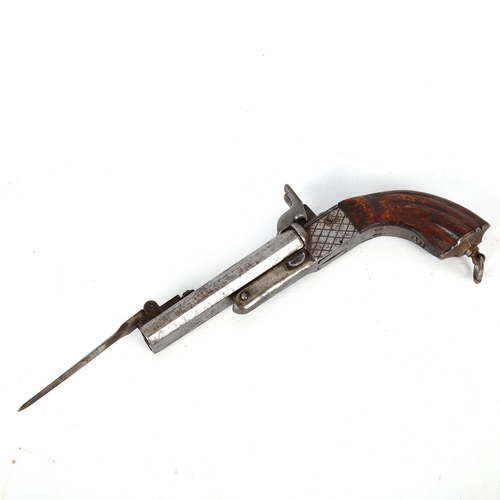 1189 - A 19th century double-barrelled percussion pocket pistol, with fold-out bayonet and retractable trig... 