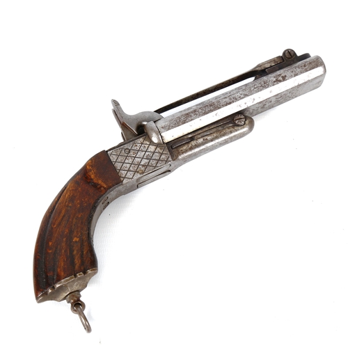 1189 - A 19th century double-barrelled percussion pocket pistol, with fold-out bayonet and retractable trig... 