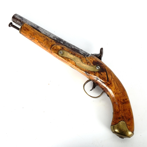 1190 - A 19th century percussion pistol, by John Spittle, with brass trigger guard and butt length 39cm