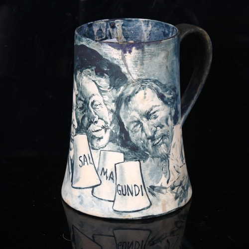 1213 - Salmagundi Library New York, hand painted pottery mug by Albert H Sonn 1903, signed and inscribed un... 