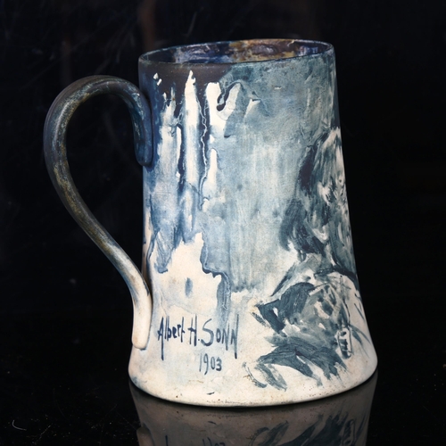 1213 - Salmagundi Library New York, hand painted pottery mug by Albert H Sonn 1903, signed and inscribed un... 