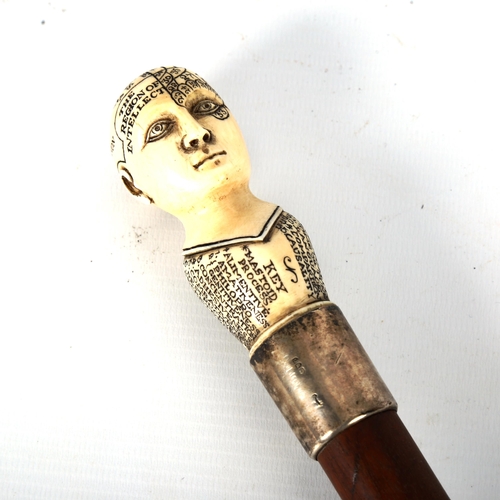 1218 - A 19th century phrenology walking stick, with carved ivory handle and silver ferrule, hallmarks Lond... 