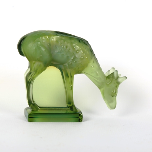 1227 - LALIQUE - a green glass dear, engraved signature, height 6.5cm