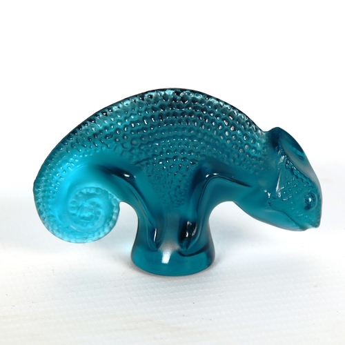 1231 - LALIQUE - a turquoise glass chameleon, engraved signature, length 6.5cm