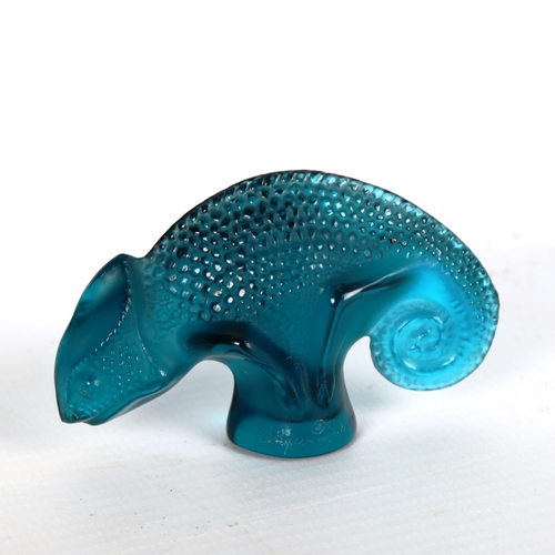 1231 - LALIQUE - a turquoise glass chameleon, engraved signature, length 6.5cm