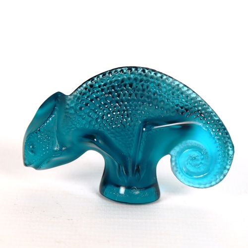 1231 - LALIQUE - a turquoise glass chameleon, engraved signature, length 6.5cm