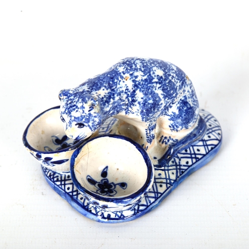 1237 - DRESDEN - blue and white glaze ceramic cat design cruet stand, length 8cm