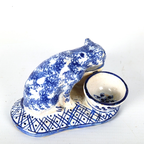 1237 - DRESDEN - blue and white glaze ceramic cat design cruet stand, length 8cm