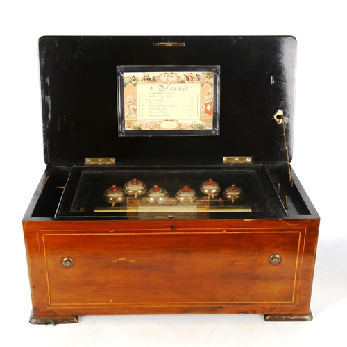 1253 - A 19th century Swiss rosewood and marquetry inlaid musical box playing 8 airs, on a 33cm cylinder an... 