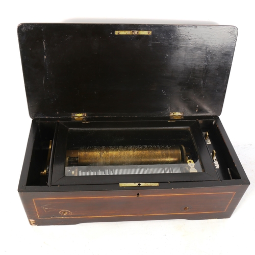 1254 - A 19th century Swiss rosewood and marquetry inlaid musical box, playing on a 20.5cm cylinder