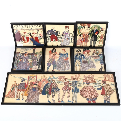 1255 - A set of 6 historical themed hand embroidered tapestry pictures, late 19th/early 20th century, origi... 