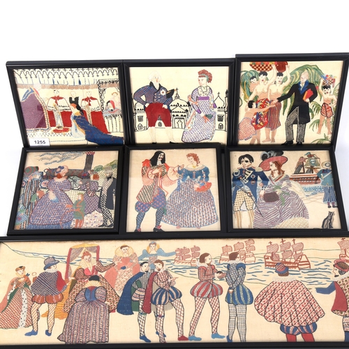 1255 - A set of 6 historical themed hand embroidered tapestry pictures, late 19th/early 20th century, origi... 