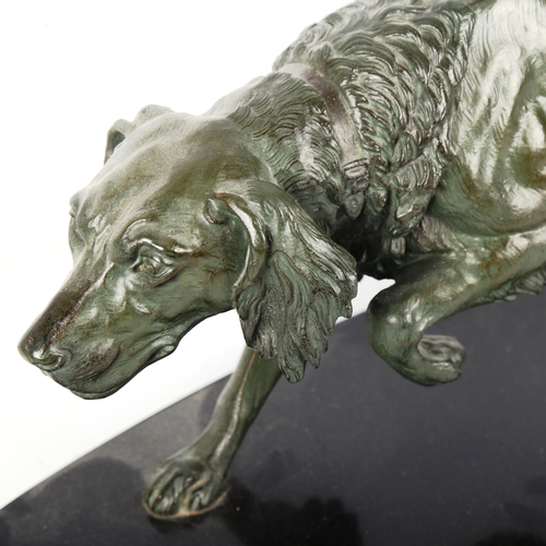 1260 - An Art Deco green patinated spelter Pointer dog, on oval black marble plinth, unsigned, circa 1920s,... 