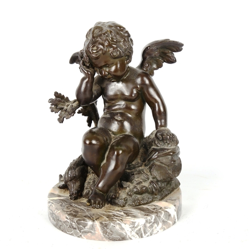 1261 - AUGUSTE MOREAU (1834 - 1917) - a 19th century patinated bronze sculpture, Cupid sitting on a rock, s... 