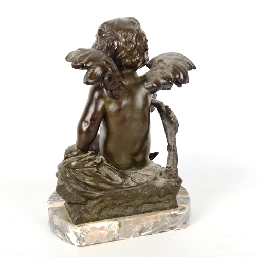 1261 - AUGUSTE MOREAU (1834 - 1917) - a 19th century patinated bronze sculpture, Cupid sitting on a rock, s... 