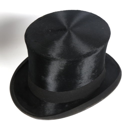 1264 - MANDER & ALLENDERS - a Vintage black silk top hat, in a Victorian brown leather hatbox