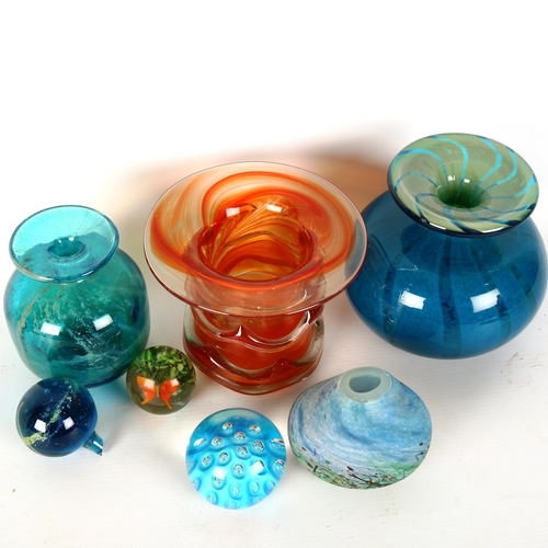 1268 - 3 pieces of Mdina coloured glass, a Studio glass and enamel vase, and 2 glass paperweights, perfume ... 