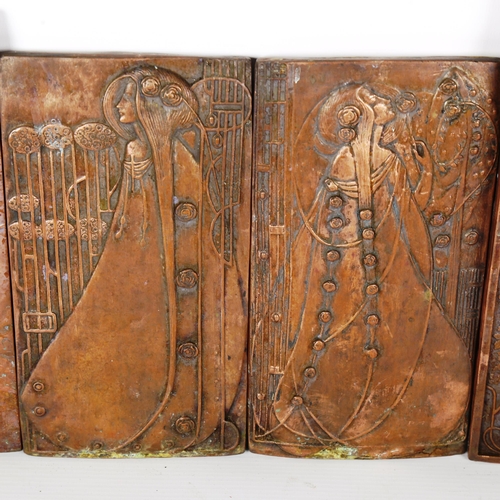 1270 - A group of 4 secessionist relief embossed copper wall plaques with wood backing, depicting stylised ... 