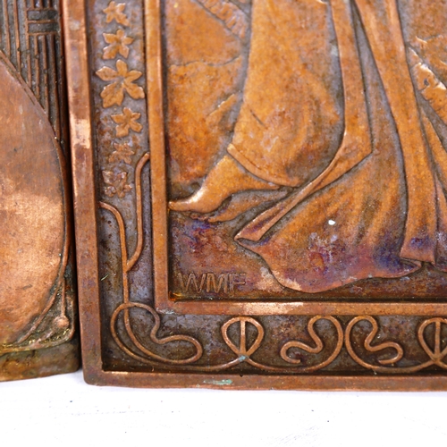 1270 - A group of 4 secessionist relief embossed copper wall plaques with wood backing, depicting stylised ... 