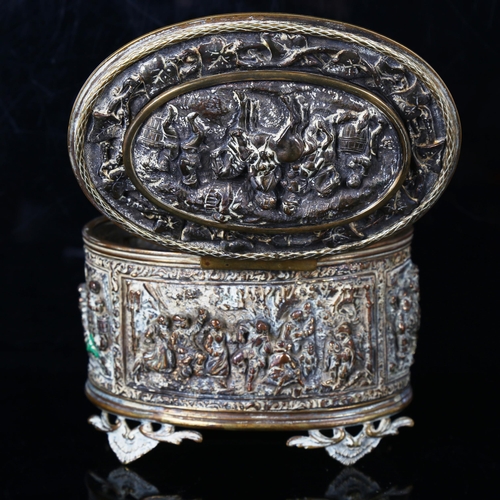 1279 - A 19th century copper electrotype oval tobacco box, with relief cast scenes depicting tavern interio... 