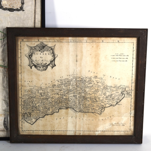 1281 - Robert Morden engraving, map of Sussex 1695, oak frame, overall frame dimensions 42cm x 49cm, and a ... 