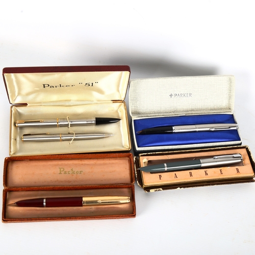 1285 - A Parker 51 fountain pen and ballpoint pen set, and 3 other Parker pens, all boxed (6)