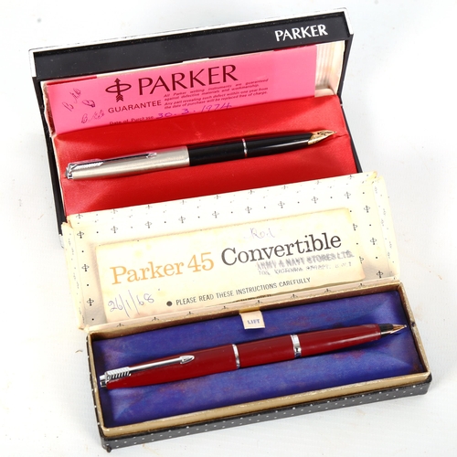 1286 - A group of fountain pens and ballpoint pens, including a Parker 45 convertible, a 1974 Parker, and s... 