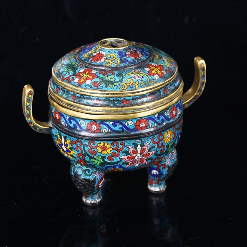 1294 - A Chinese heavy gauge bronze and cloisonne enamel incense burner and cover on 3 feet, 4 character ma... 