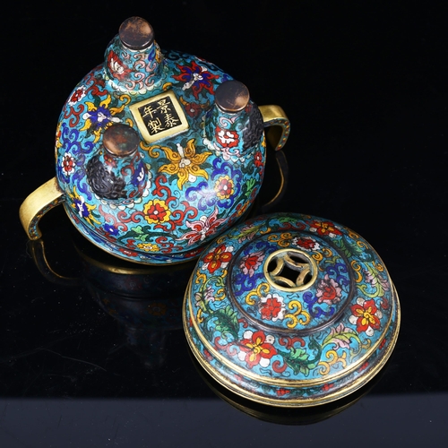 1294 - A Chinese heavy gauge bronze and cloisonne enamel incense burner and cover on 3 feet, 4 character ma... 