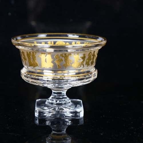 1296 - Val St Lambert, a small cut-crystal bowl on square foot, with gold oroplastic Danse De Flore frieze,... 