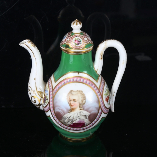 1309 - A 19th century Sevres porcelain coffee pot, hand painted panel depicting Marie Antoinette on green a... 