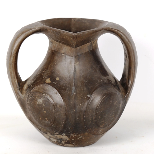 1316 - A handmade terracotta 2-handled flagon, height 17cm