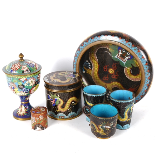 1330 - A group of Chinese cloisonne enamel items, including a dragon pot, height 9cm, and a goblet and cove... 