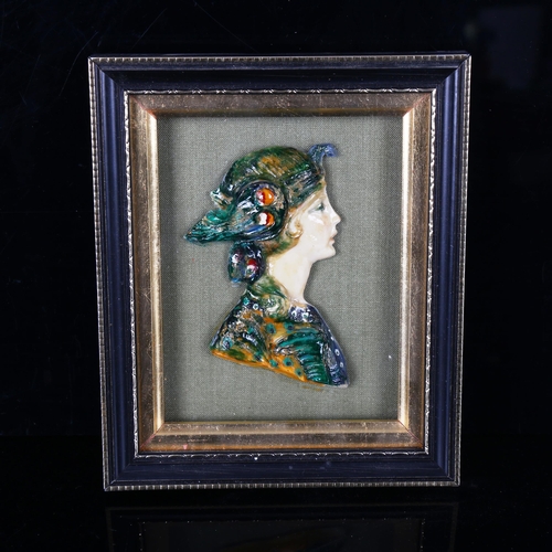 1336 - Leslie Ray, wax relief and coloured paint, portrait of a 1920s woman with a feather headdress, frame... 