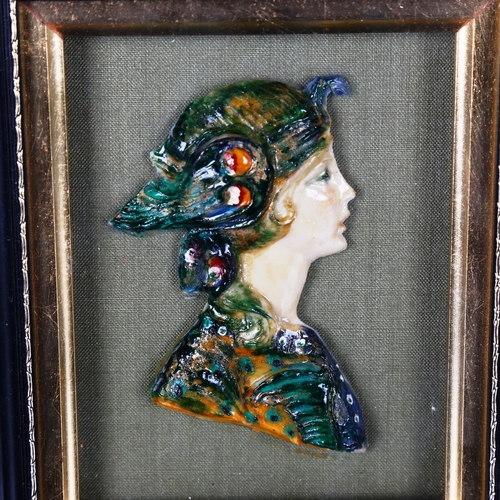 1336 - Leslie Ray, wax relief and coloured paint, portrait of a 1920s woman with a feather headdress, frame... 