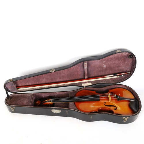 1338 - An early 20th century full-size violin, no labels, length of back 356mm, with unmarked bow in Hill &... 