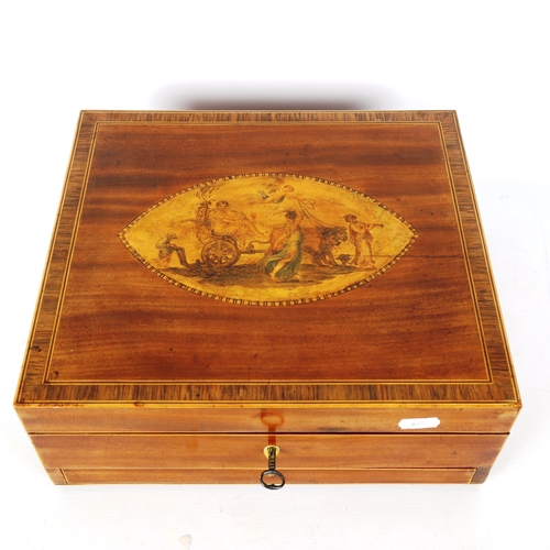 1339 - A 19th century artist's workbox, mahogany with tulip wood crossbanding, the hinged lid with a painte... 