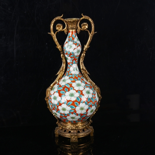 1341 - A Chinese porcelain and ormolu lamp base, with painted floral design, 6 character mark, height 38cm,... 